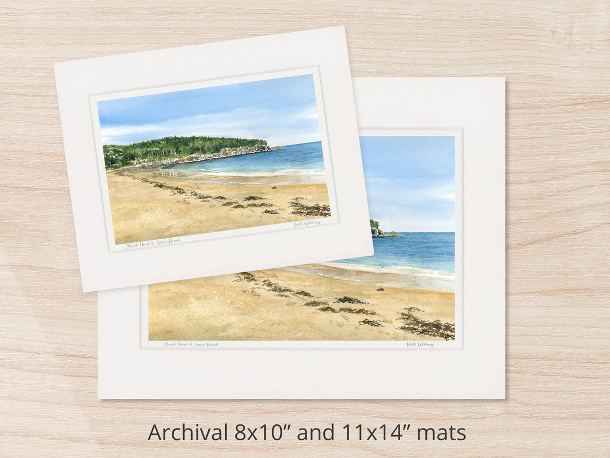 Archival watercolor prints of Great Head and Sand Beach, Acadia National Park, shown in 8x10 and 11x14 mat sizes.