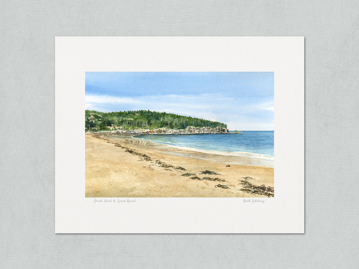 Unmatted archival watercolor print of Great Head and Sand Beach, Acadia National Park, Maine, on gray background.