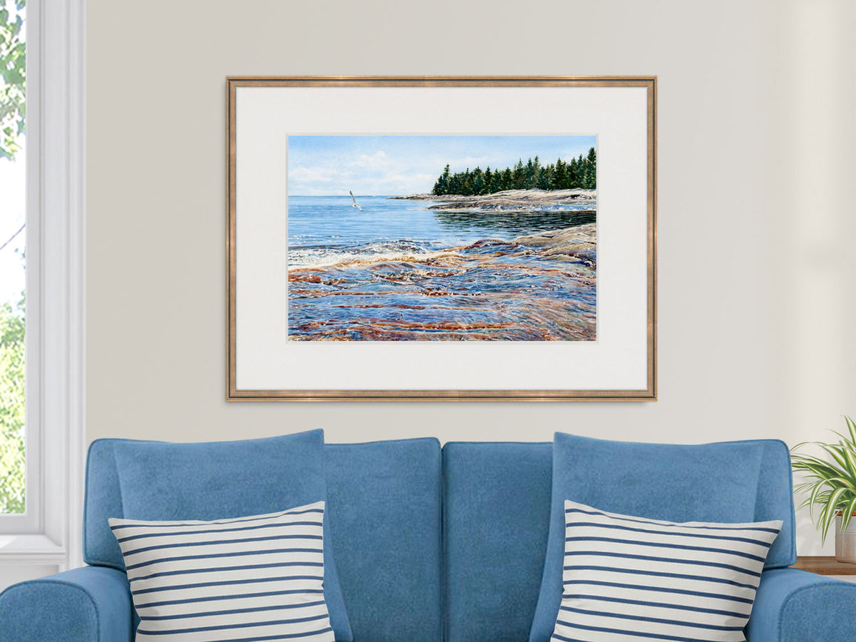 Framed original watercolor painting of Great Wass Island in a warm wood frame.