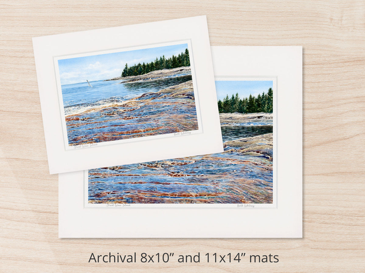 Archival watercolor prints of Great Wass Island, Downeast Maine, shown in 8x10 and 11x14 mat sizes.