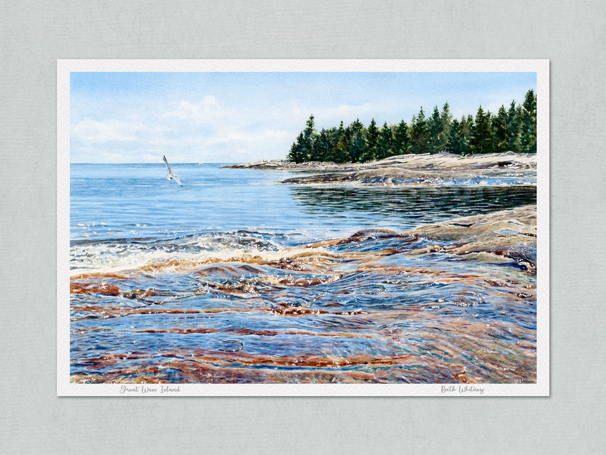 Unmatted archival watercolor print of Great Wass Island, Beals, Downeast Maine, on gray background.