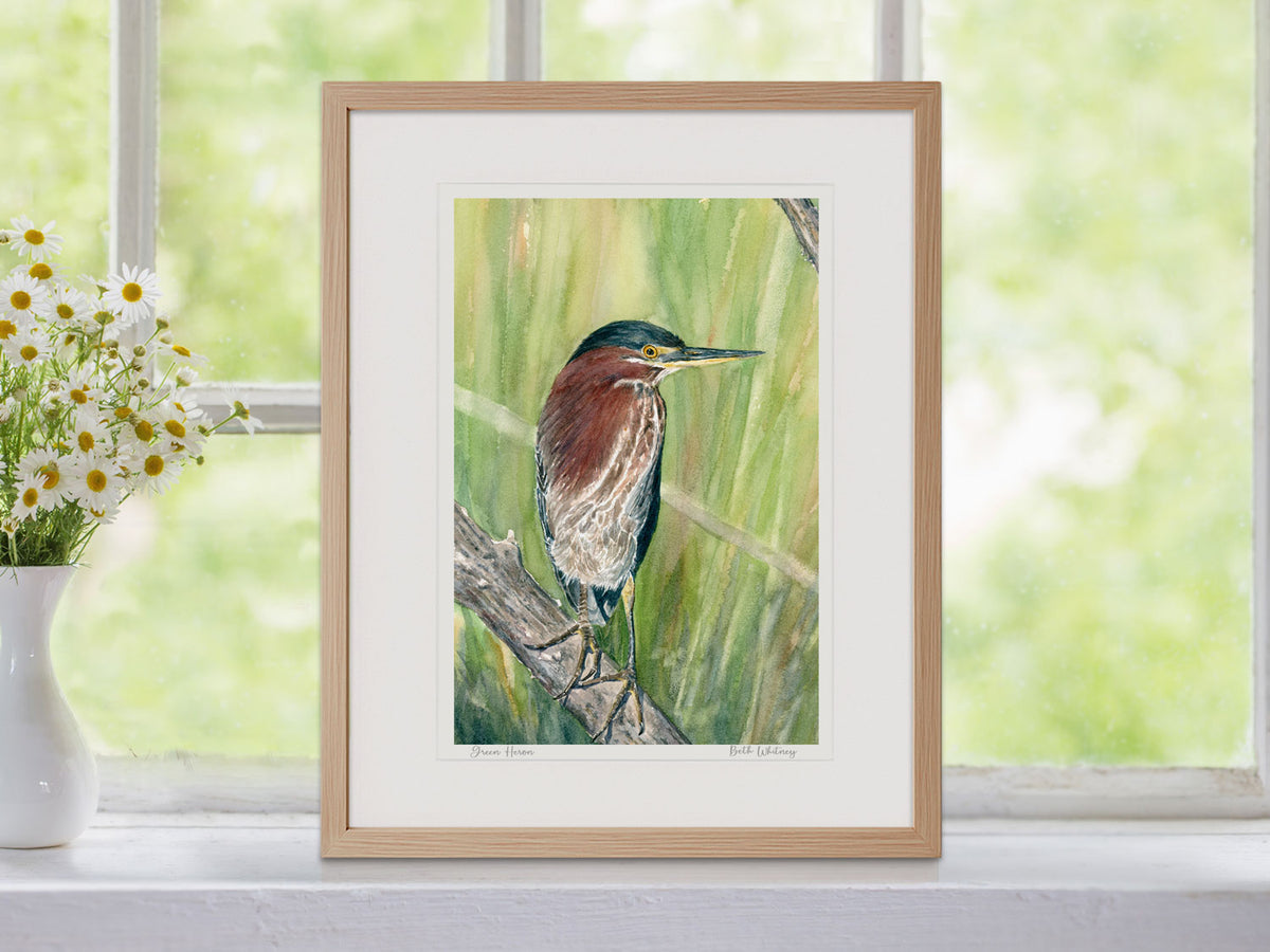 Framed watercolor print of Green Heron in a warm wood frame on a windowsill with a vase of flowers.