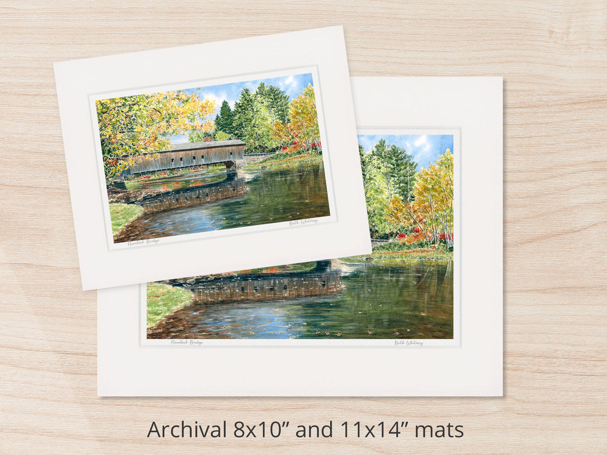 Archival watercolor prints of Hemlock Bridge, Fryeburg, Maine, shown in 8x10 and 11x14 mat sizes.