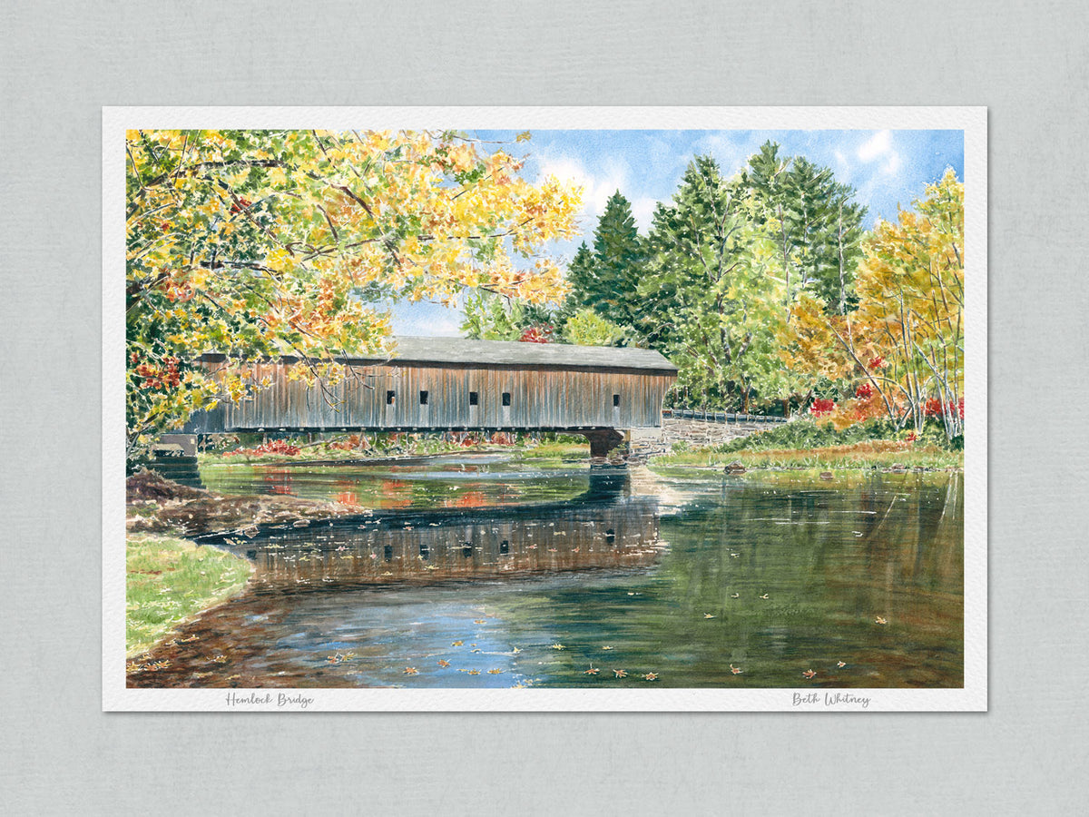 Unmatted archival watercolor print of Hemlock Bridge, Fryeburg, Maine, on gray background.