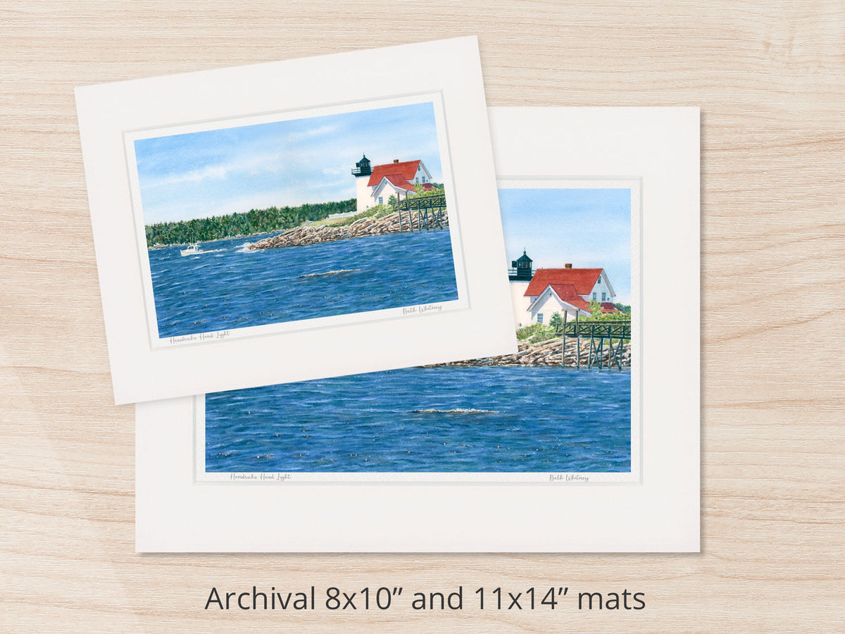 Archival watercolor prints of Hendricks Head Light, Southport Island, Maine, shown in 8x10 and 11x14 mat sizes.