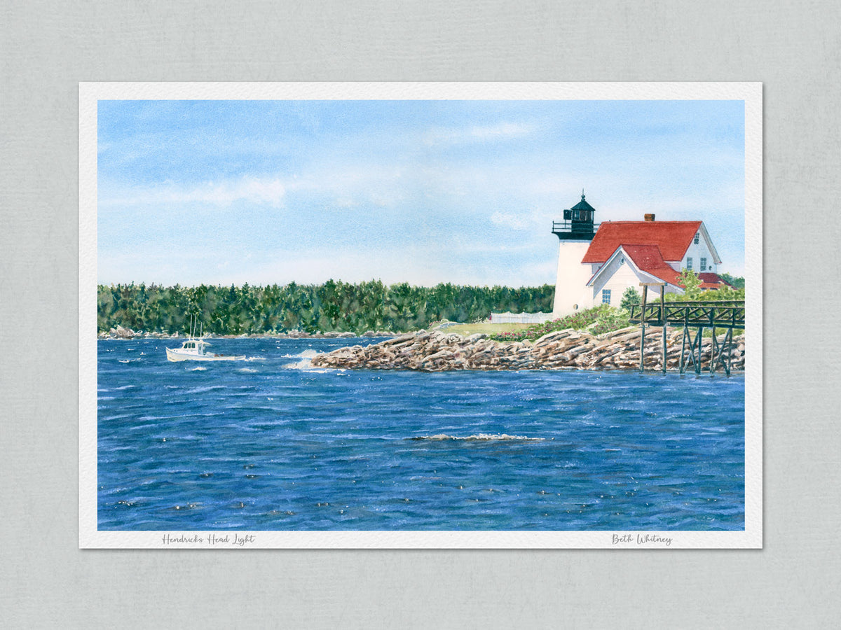 Unmatted archival watercolor print of Hendricks Head Light, Southport Island, Maine, on gray background.