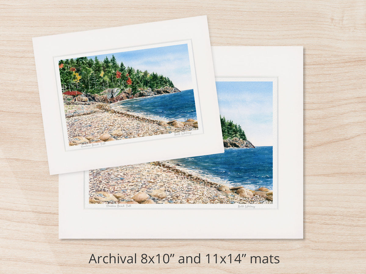 Archival watercolor prints of Hunters Beach Fall, Seal Harbor, Maine, shown in 8x10 and 11x14 mat sizes.