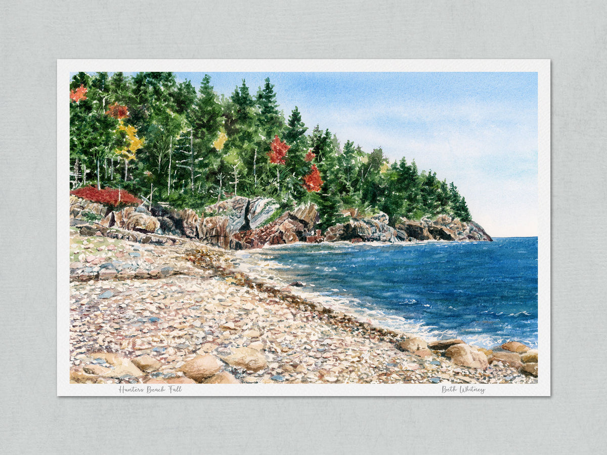 Unmatted archival watercolor print of Hunters Beach Fall, Seal Harbor, Maine, on gray background.