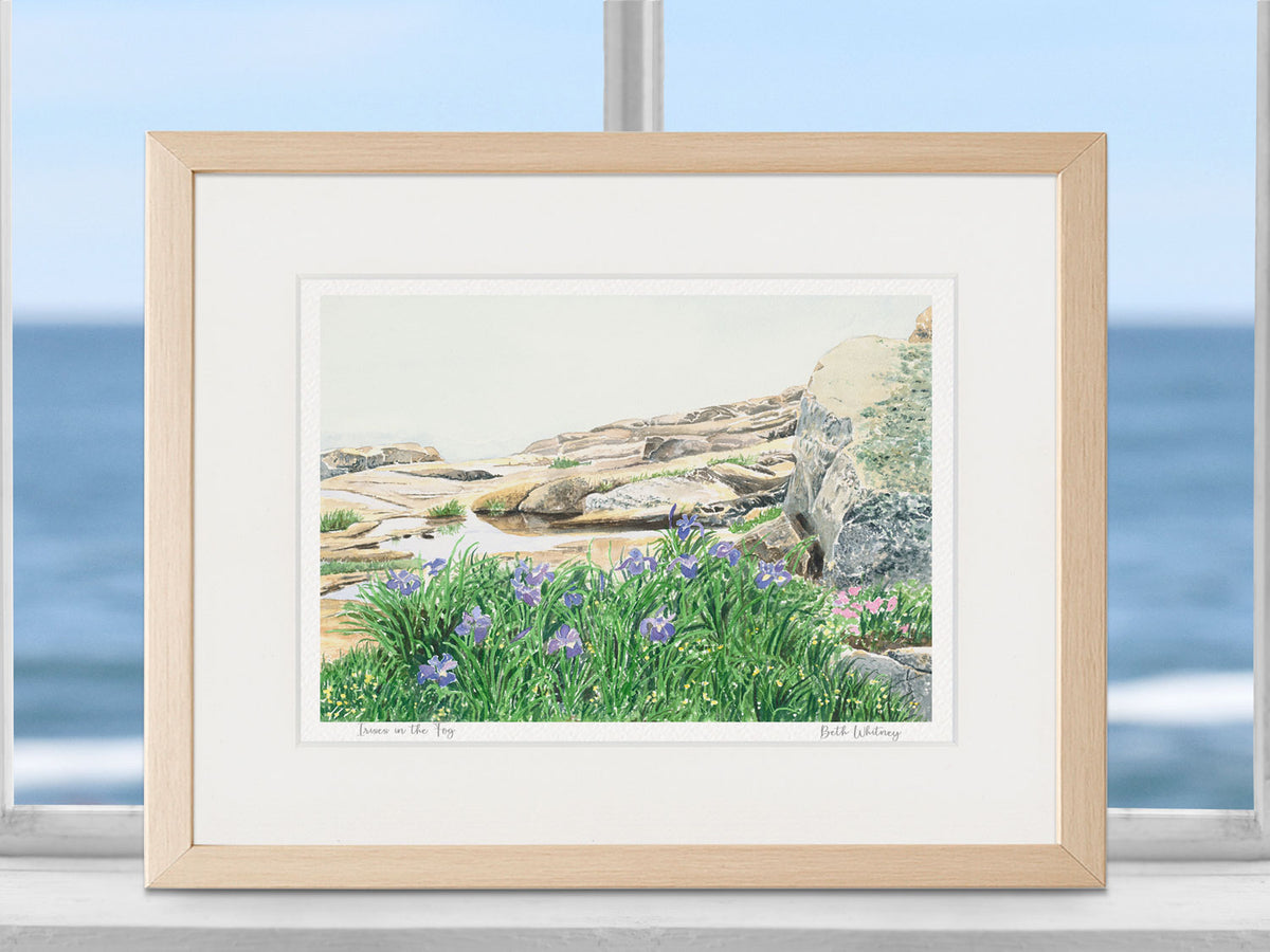 Framed watercolor print of Irises in the Fog, Schoodic Point, in a warm wood frame in a coastal window setting.
