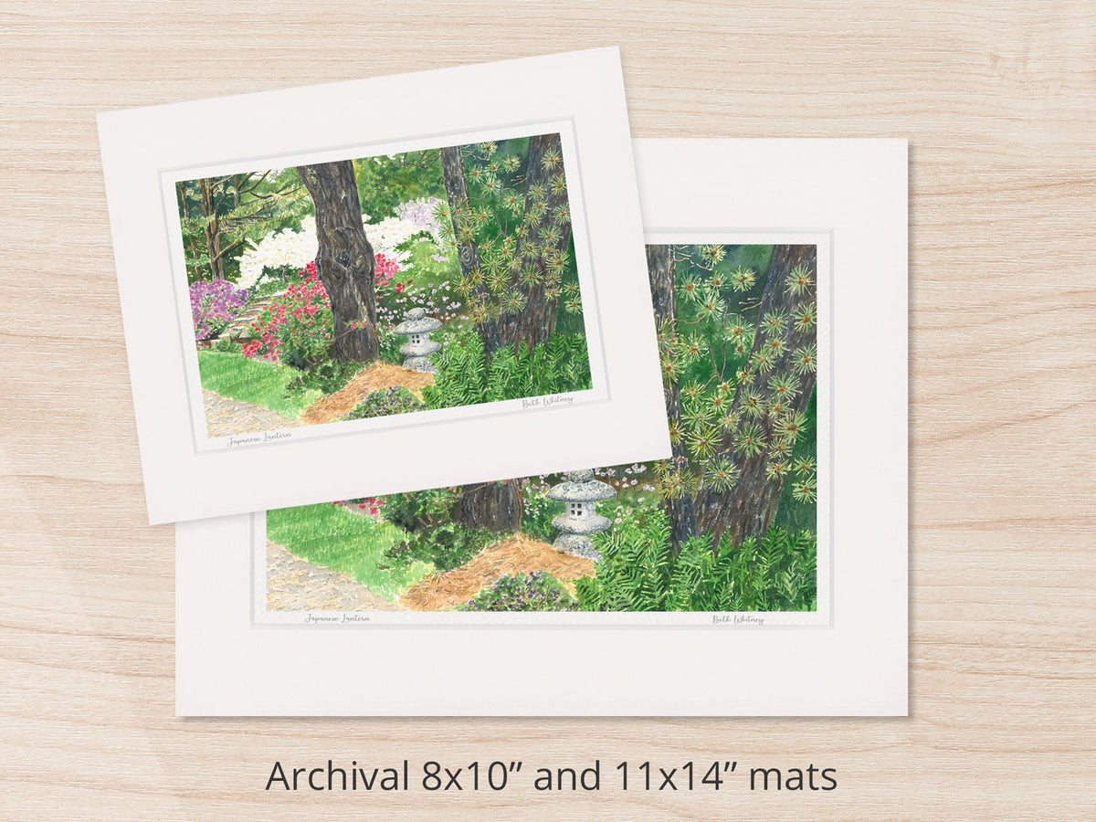 Archival watercolor prints of Japanese Lantern, Asticou Azalea Garden, Northeast Harbor, shown in 8x10 and 11x14 mat sizes.