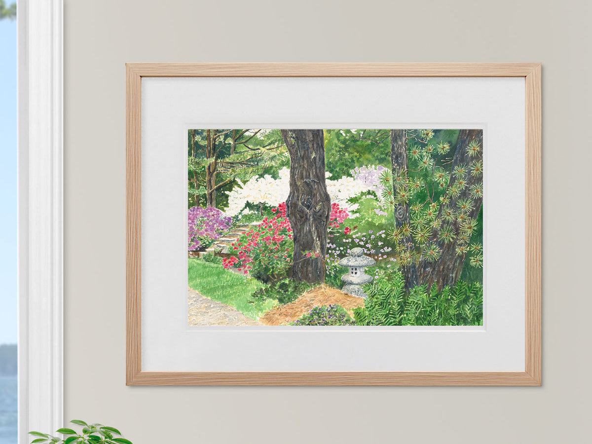 Framed original watercolor painting of Japanese Lantern, Asticou Azalea Garden, in a warm wood frame.