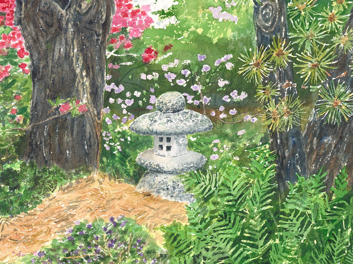 Close-up detail of original watercolor painting of Japanese Lantern, showing stone lantern, azalea blooms, and woodland plantings.