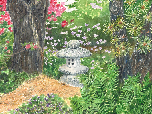 Close-up detail of original watercolor painting of Japanese Lantern, showing stone lantern, azalea blooms, and woodland plantings.