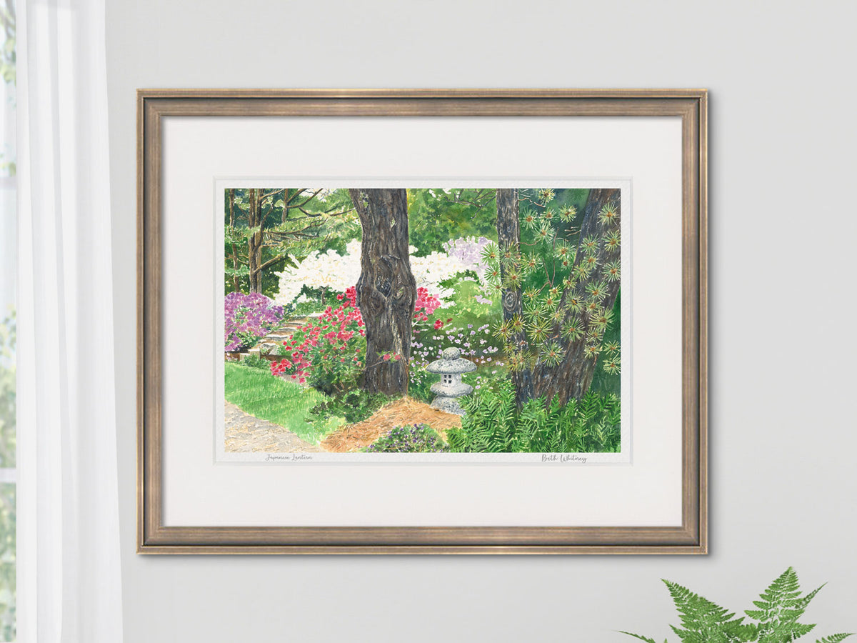 Framed watercolor print of Japanese Lantern, Asticou Garden, Maine, in a silver frame on a neutral wall.
