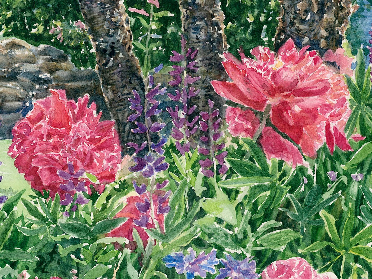 Close-up detail of original watercolor painting of June Garden, showing pink peonies and orange poppies in bloom.