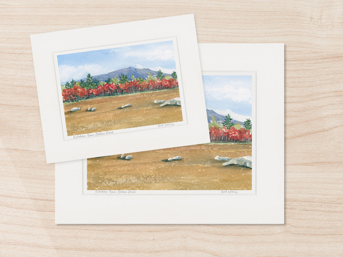 Archival watercolor prints of Katahdin From the Golden Road, Baxter State Park, shown in 8x10 and 11x14 mat sizes.