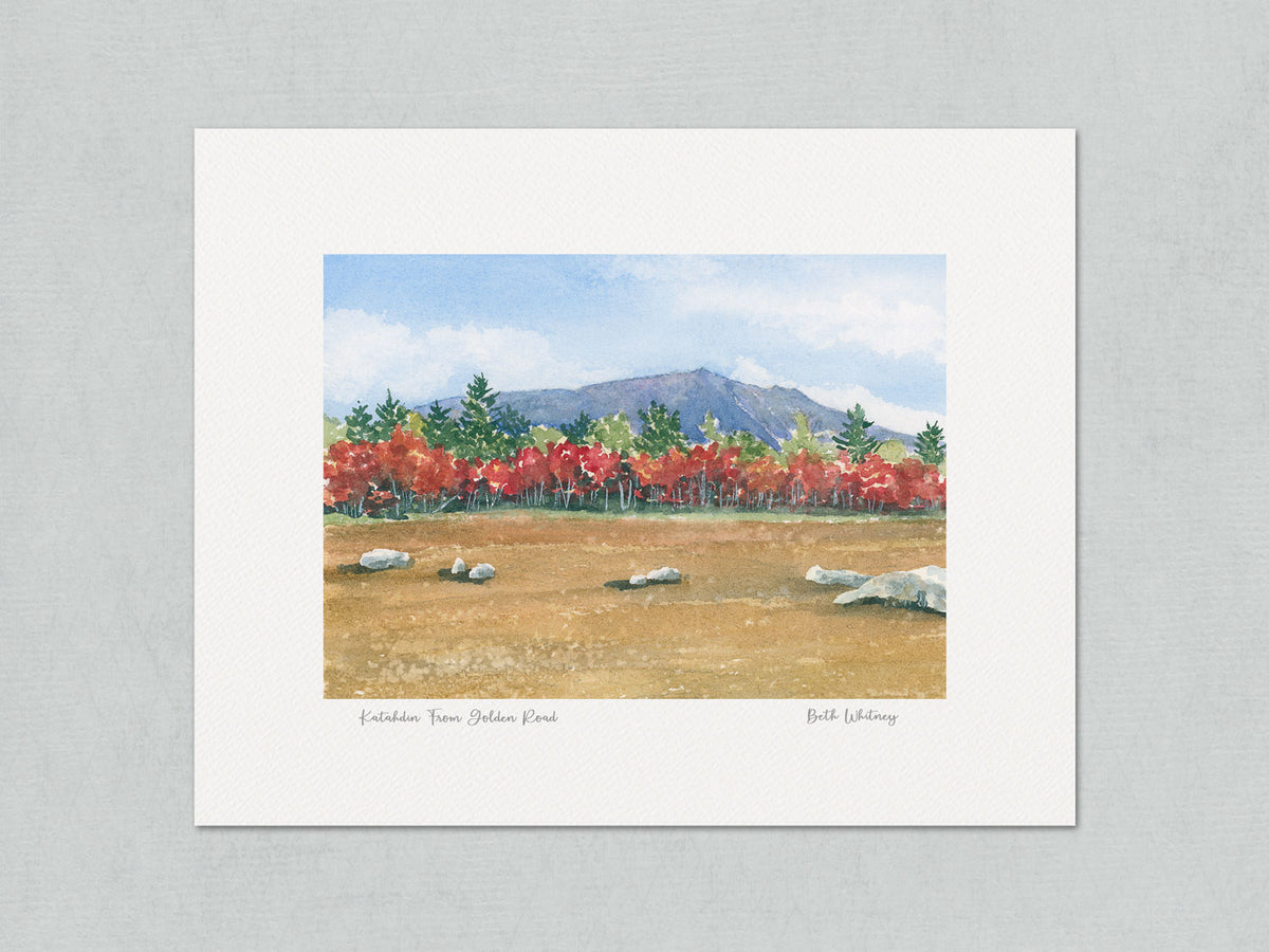 Unmatted archival watercolor print of Mount Katahdin from the Golden Road, Baxter State Park, Maine, on gray background.