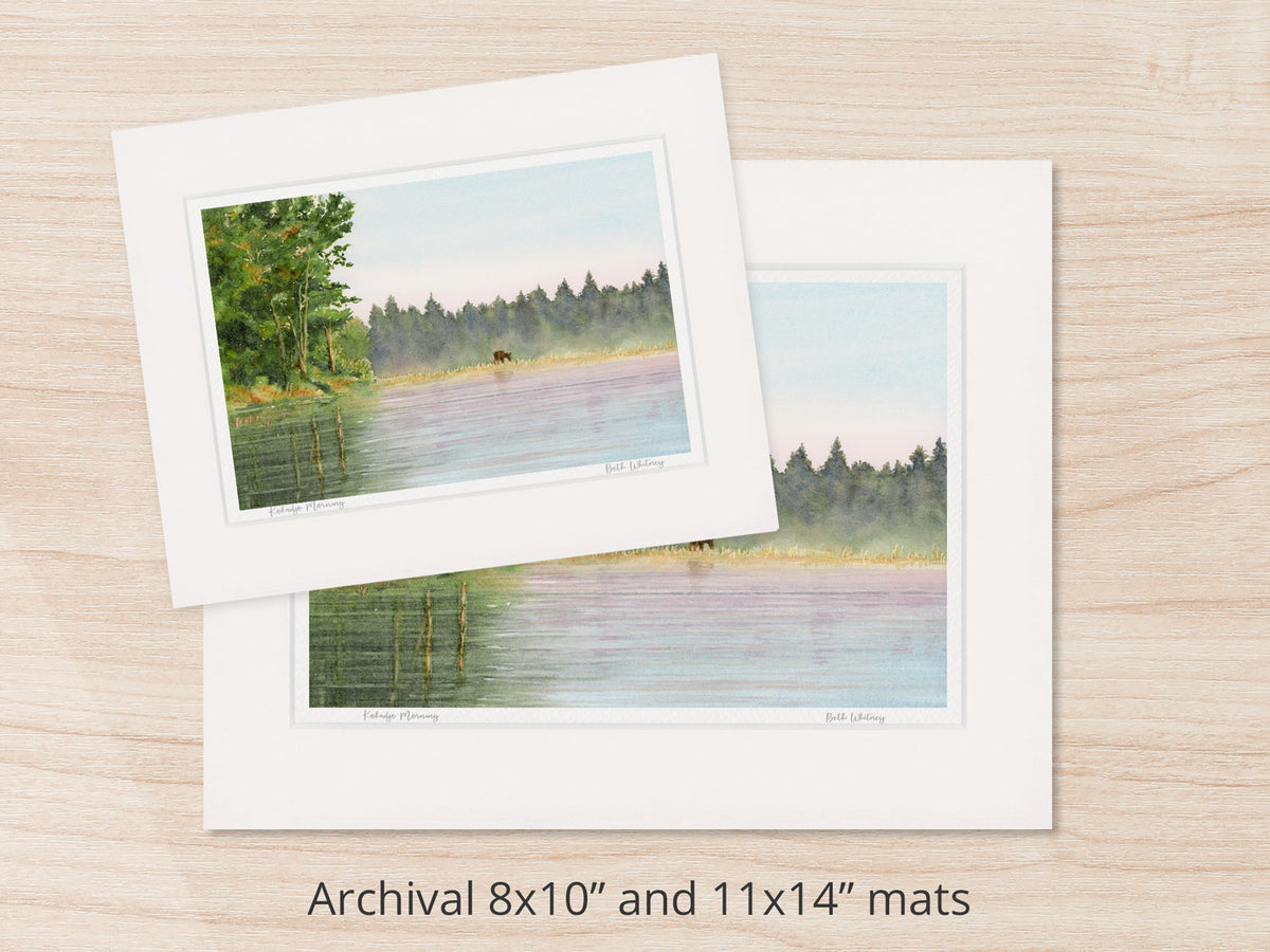 Archival watercolor prints of Kokadjo Morning, Roach Pond, Kokadjo, Maine, shown in 8x10 and 11x14 mat sizes.