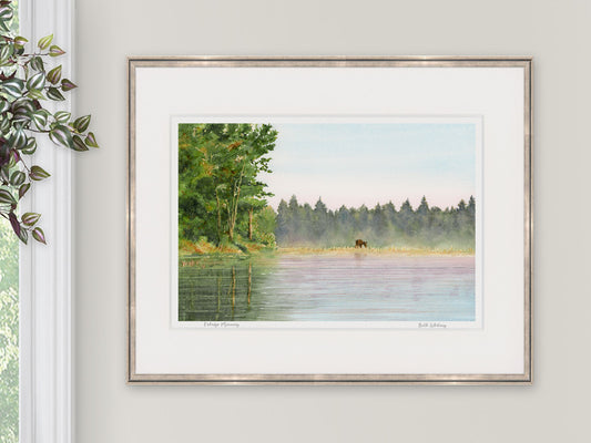 Framed watercolor print of Kokadjo Morning, Kokadjo, Maine, in a white frame with natural window light.