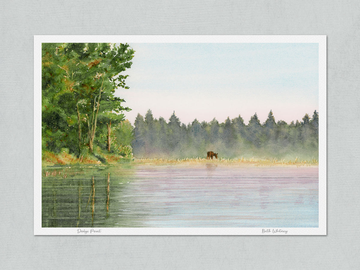 Unmatted archival watercolor print of Kokadjo Morning, moose at Roach Pond, Kokadjo, Maine, on gray background.