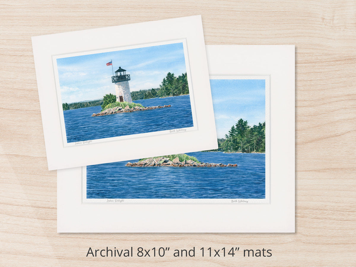 Archival watercolor prints of Ladies Delight Light, Cobbosseecontee Lake, Winthrop, Maine, shown in 8x10 and 11x14 mat sizes.