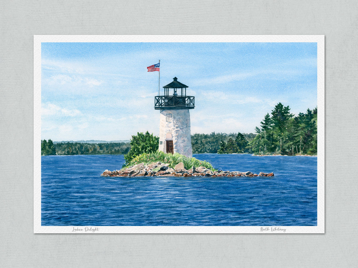 Unmatted archival watercolor print of Ladies Delight Light, Cobbosseecontee Lake, Winthrop, Maine, on gray background.