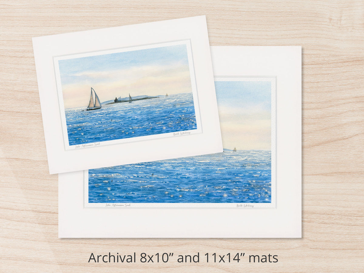 Archival watercolor prints of Late Afternoon Sail, Boothbay Harbor, Maine, shown in 8x10 and 11x14 mat sizes.