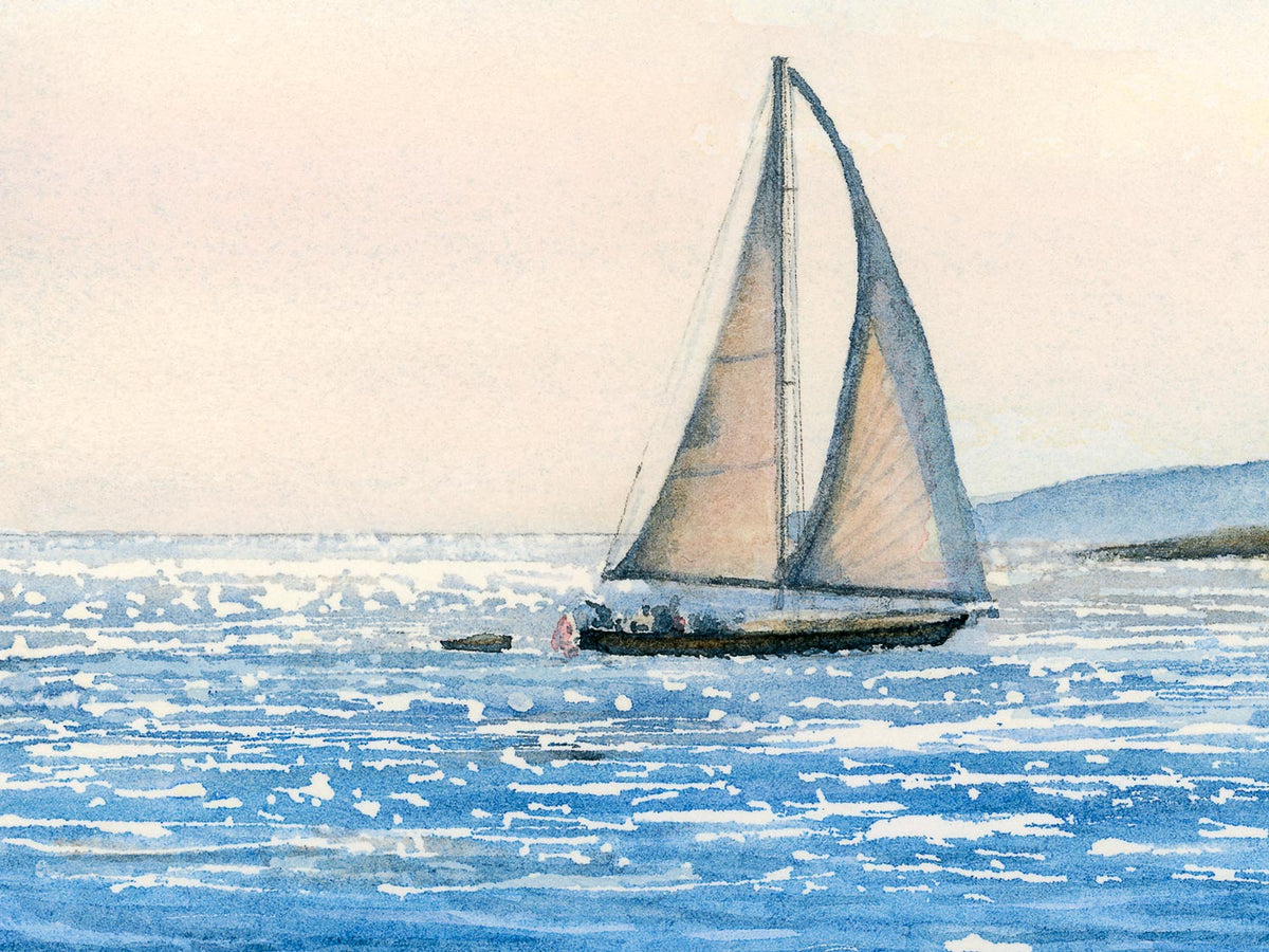Close-up detail of original watercolor painting of Late Afternoon Sail, showing the sailboat and shimmering water in late afternoon light.