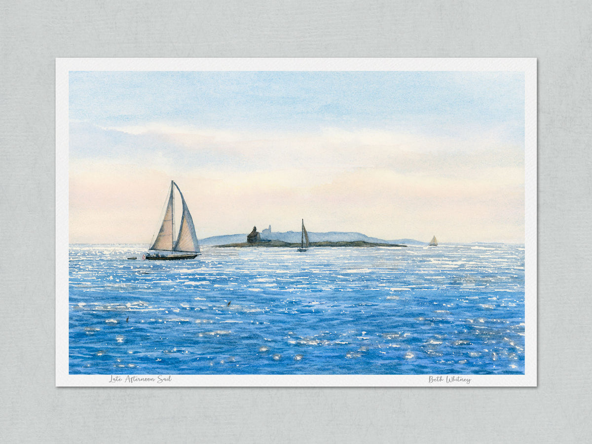 Unmatted archival watercolor print of Late Afternoon Sail, Ocean Point, Boothbay, Maine, on gray background.