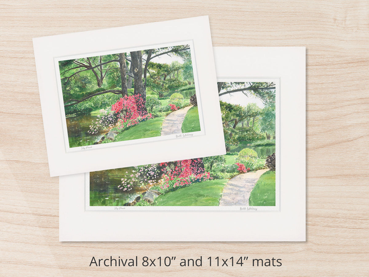 Archival watercolor prints of Lily Pond, Asticou Azalea Garden, Northeast Harbor, shown in 8x10 and 11x14 mat sizes.