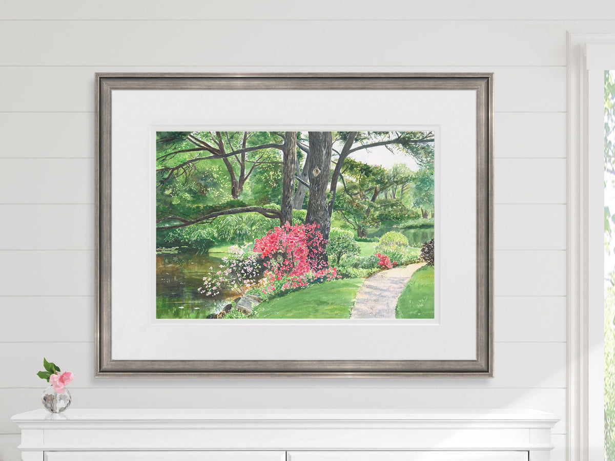Framed original watercolor painting of Lily Pond, Asticou Azalea Garden in Northeast Harbor Maine, in a pewter frame.