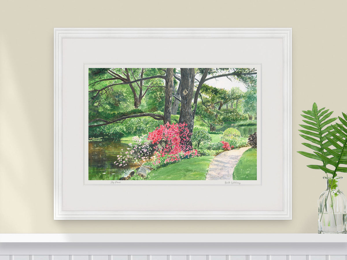 Framed watercolor print of Lily Pond, Asticou Garden, in a white frame with fern styling.