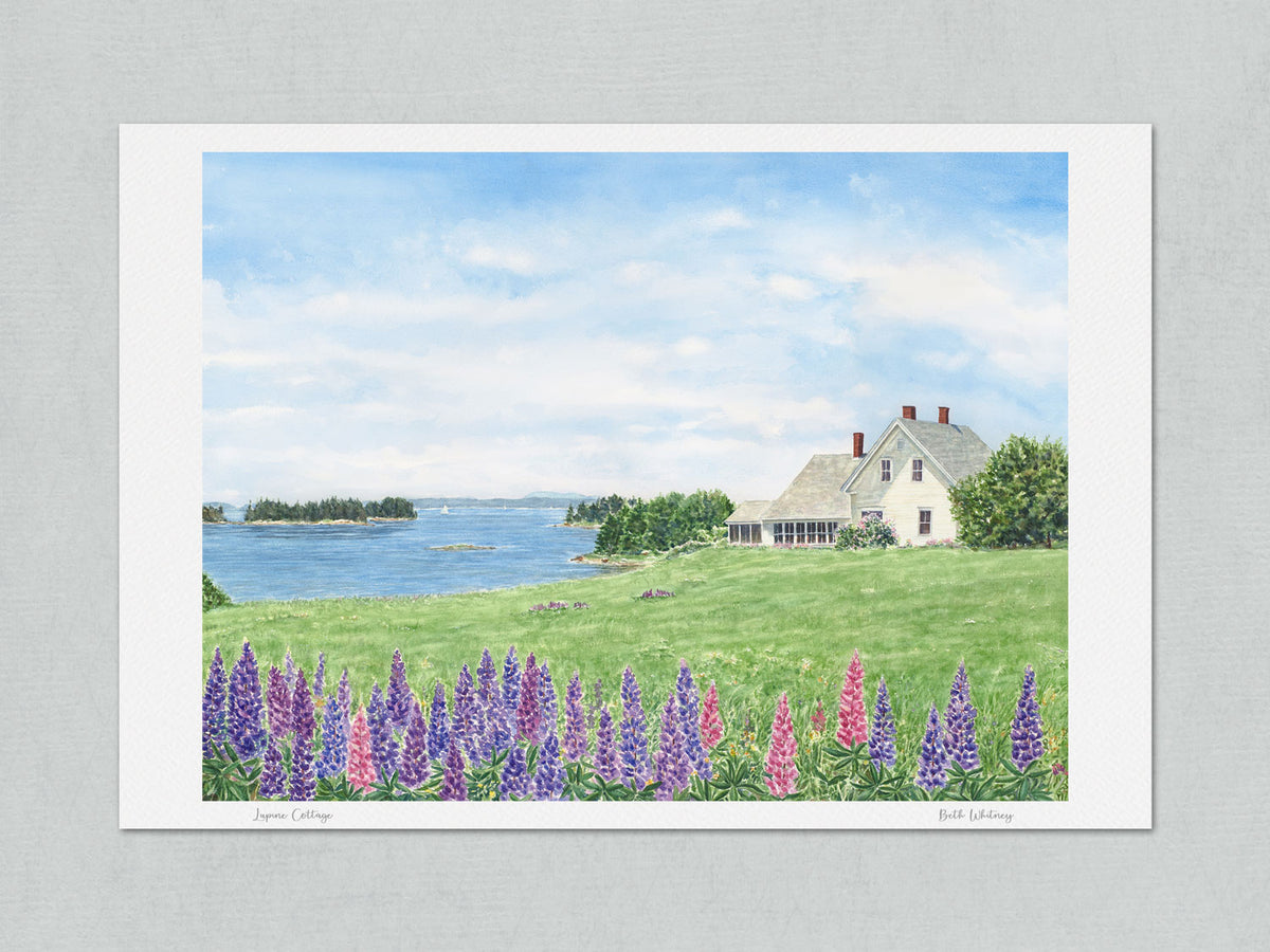 Unmatted archival watercolor print of Lupine Cottage, Deer Isle, Maine, on gray background.