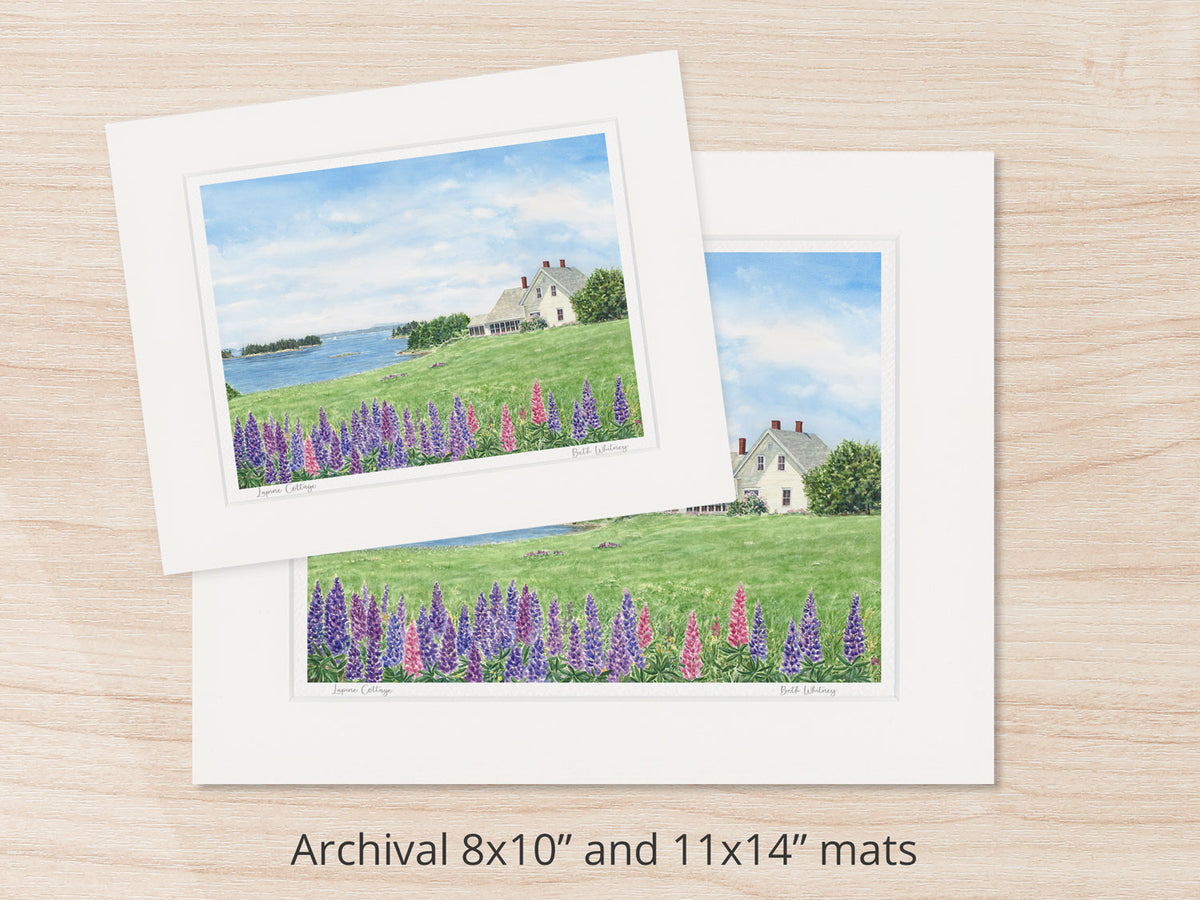 Archival watercolor prints of Lupine Cottage, Sunset, Deer Isle, Maine, shown in 8x10 and 11x14 mat sizes.