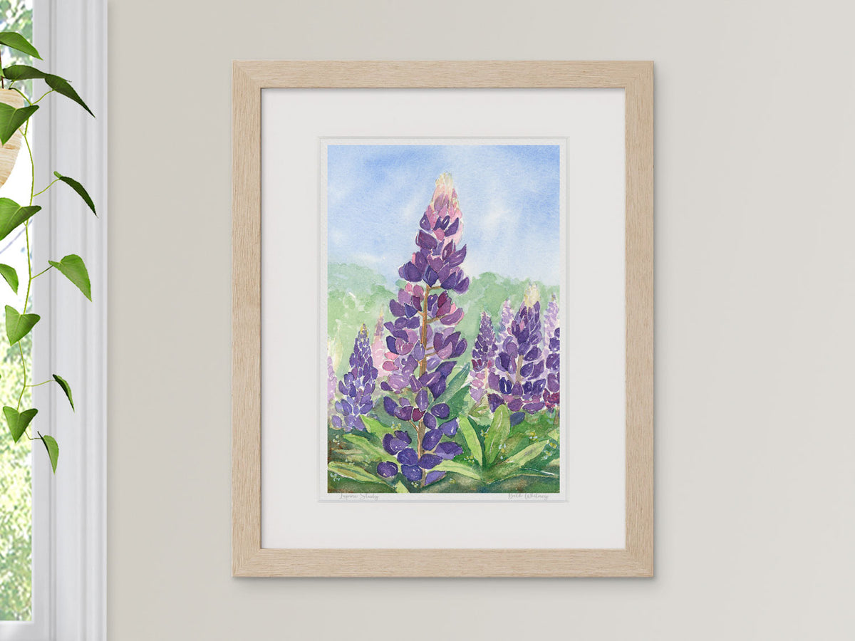 Framed watercolor print of Lupine Study, near Acadia, Maine, in a warm wood frame with plant styling.