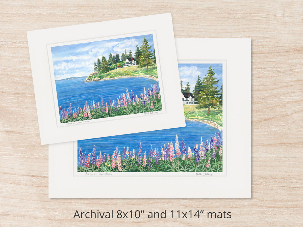 Archival watercolor prints of Lupine on Cape Rosier, Harborside, Maine, shown in 8x10 and 11x14 mat sizes.