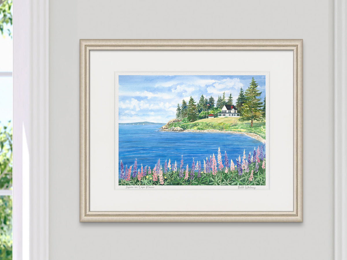 Framed watercolor print of Lupine on Cape Rosier, Harborside, Maine, in a silver frame with natural window light.