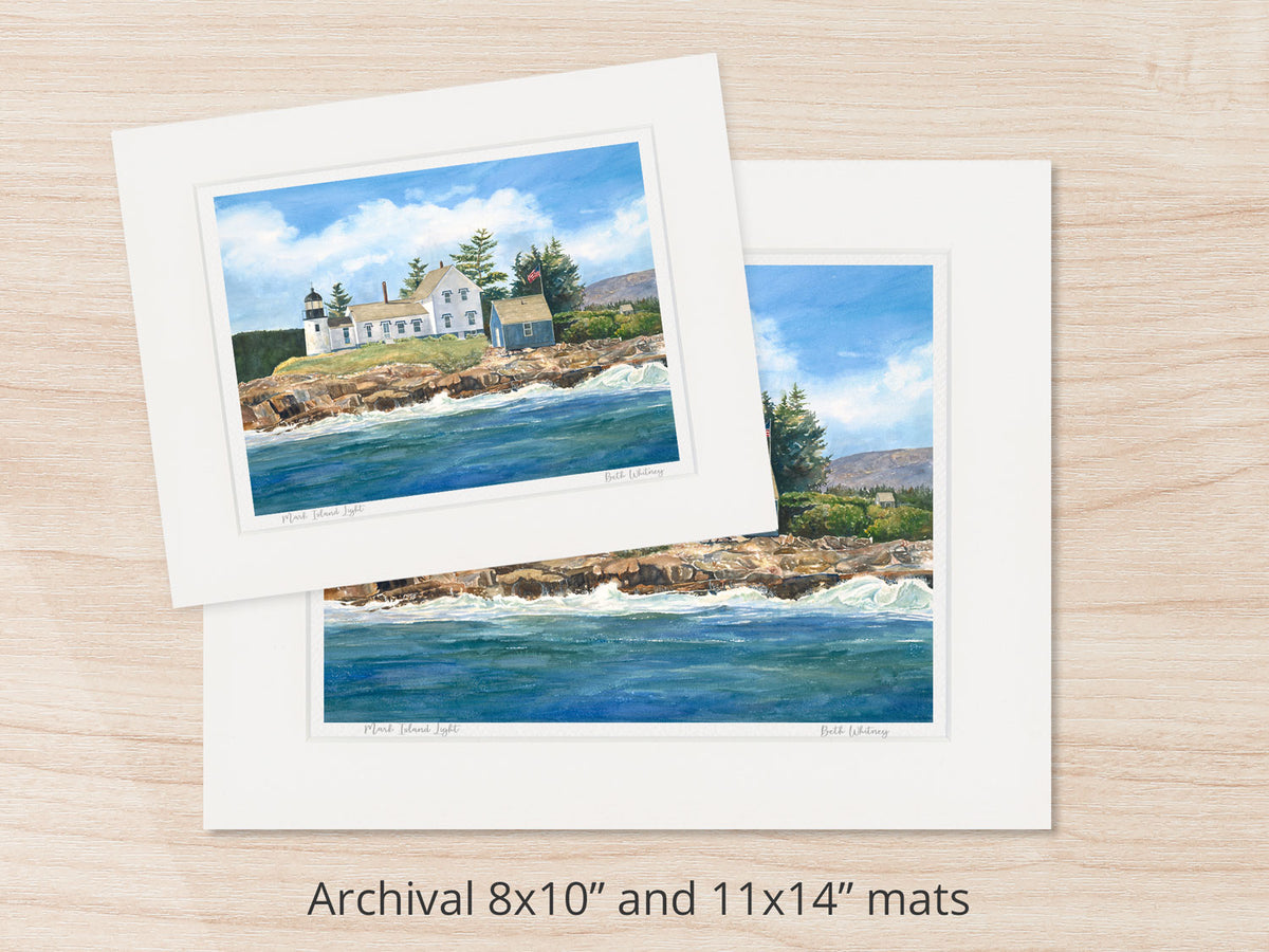 Archival watercolor prints of Mark Island Light, Winter Harbor, Maine, shown in 8x10 and 11x14 mat sizes.