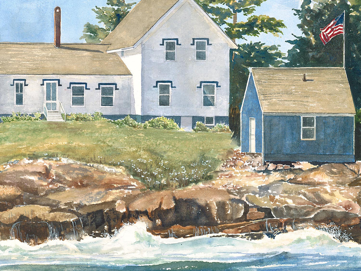 Close-up detail of original watercolor painting of Mark Island Light, showing the lighthouse shutters, crashing surf, and American flag.