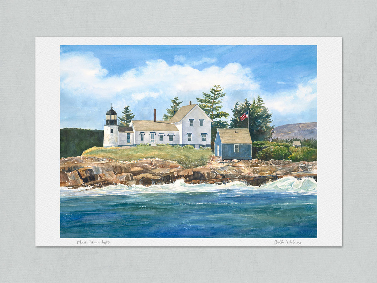 Unmatted archival watercolor print of Mark Island Light, Winter Harbor, Acadia, Maine, on gray background.