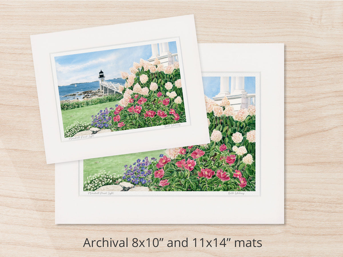 Archival watercolor prints of Marshall Point Light, Port Clyde, Maine, shown in 8x10 and 11x14 mat sizes.
