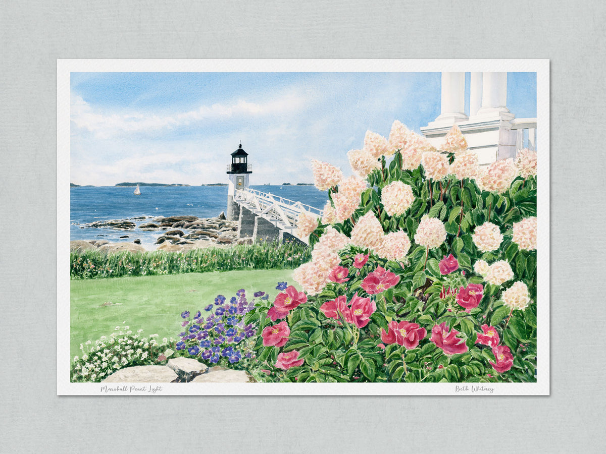 Unmatted archival watercolor print of Marshall Point Light with artist's signature and painting title, on gray background.