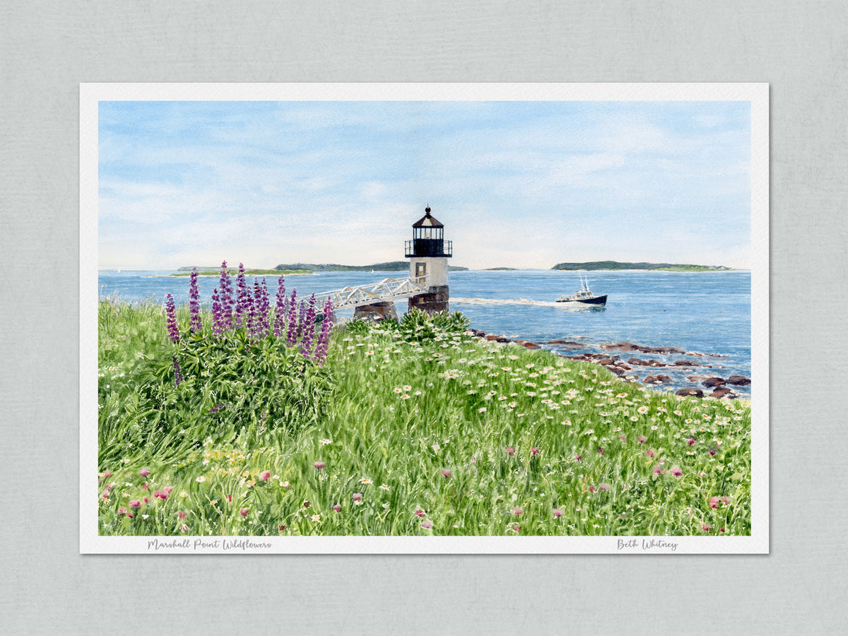 Unmatted archival watercolor print of Marshall Point Wildflowers, Marshall Point Light, Port Clyde, Maine, with title and Beth Whitney's signature on gray background.
