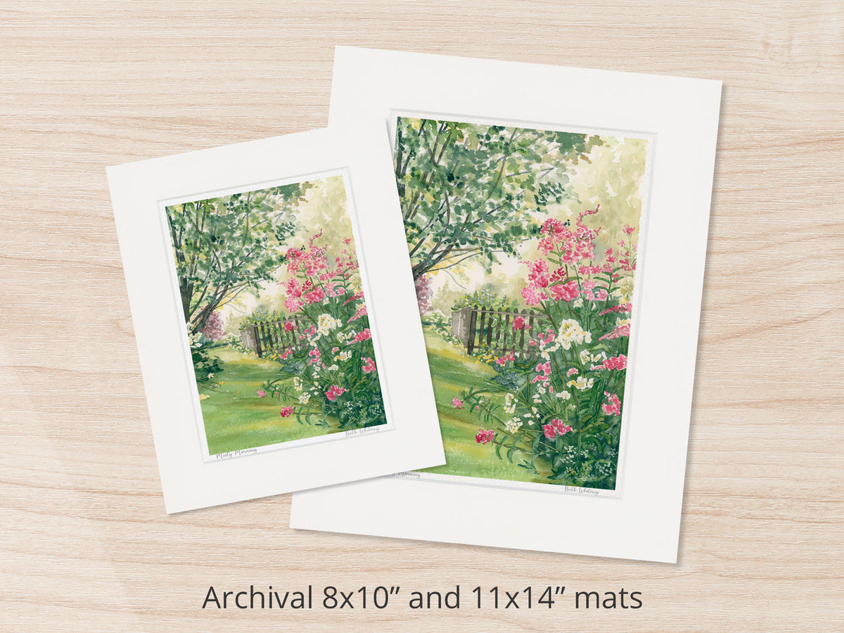 Archival watercolor prints of Misty Morning, country garden near Blue Hill, Maine, shown in 8x10 and 11x14 mat sizes.