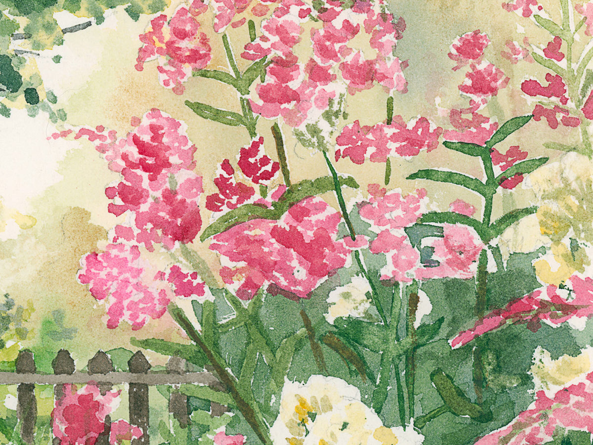 Close-up detail of original watercolor painting of Misty Morning, showing brushwork on the pink and white summer phlox.