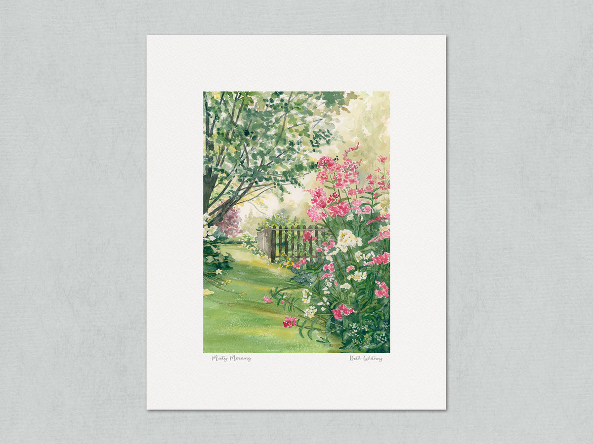 Unmatted archival watercolor print of Misty Morning, country garden near Blue Hill, Maine, on gray background.