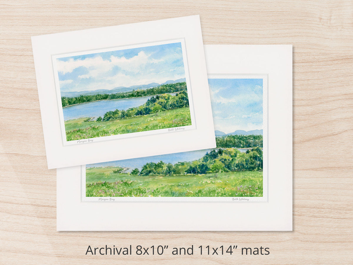 Archival watercolor prints of Morgan Bay, Surry, Maine, shown in 8x10 and 11x14 mat sizes.