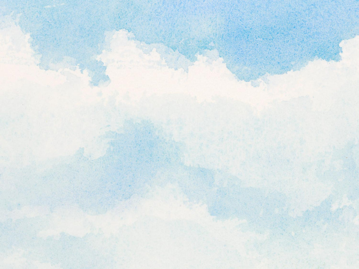 Close-up detail of original watercolor painting of Morgan Bay, showing delicate glazes of color in the sky and clouds.