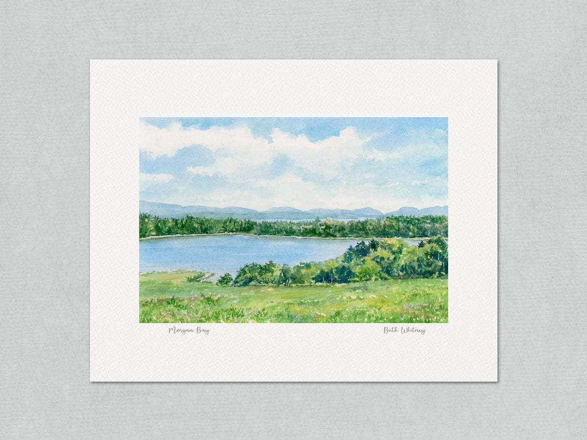 Unmatted archival watercolor print of Morgan Bay, Surry, Maine, with Acadia mountain views showing the artist's signature and painting title, on gray background.