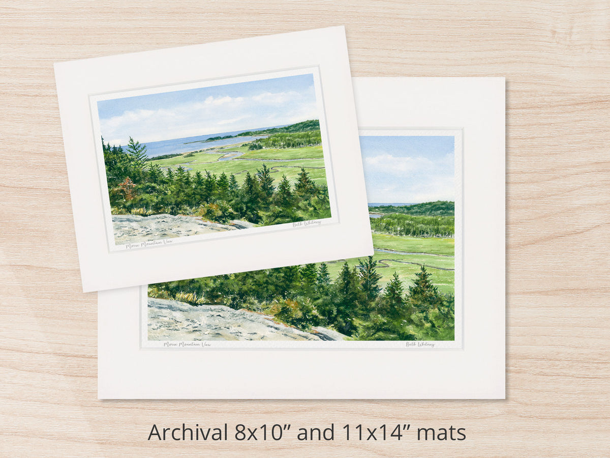 Archival watercolor prints of Morse Mountain View, Phippsburg, Maine, shown in 8x10 and 11x14 mat sizes.